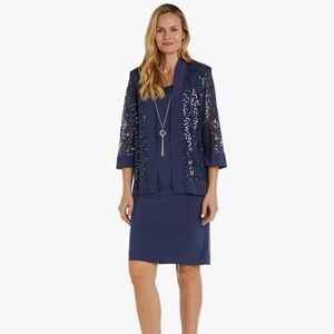 R&M Richard’s 2-Piece Knee Length Sequined Jacket & Dress W/Detachable Necklace